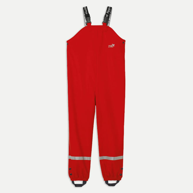 Red Rainy Day Waterproof Dungarees. Waterproof dungarees with reflective strips near the ankles and 'Muddy Puddles' on the straps.